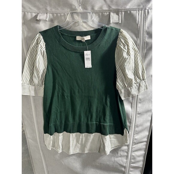 Loft‎ Striped Layered Mixed Media Poplin Short Sleeve Blouse Green Cotton Small - Picture 2 of 6